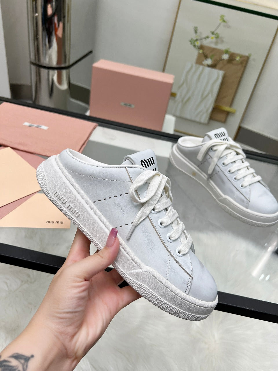 SNEAKER MULES IN WHITE BLEACHED CALFSKIN - 35