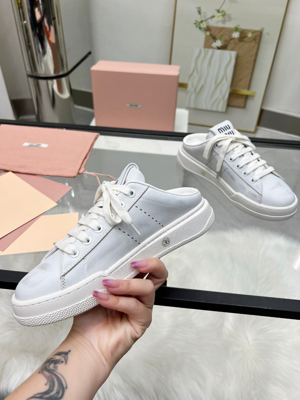 SNEAKER MULES IN WHITE BLEACHED CALFSKIN - 35