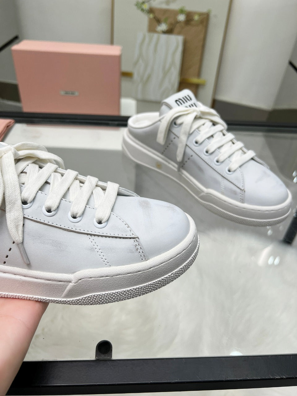 SNEAKER MULES IN WHITE BLEACHED CALFSKIN - 35