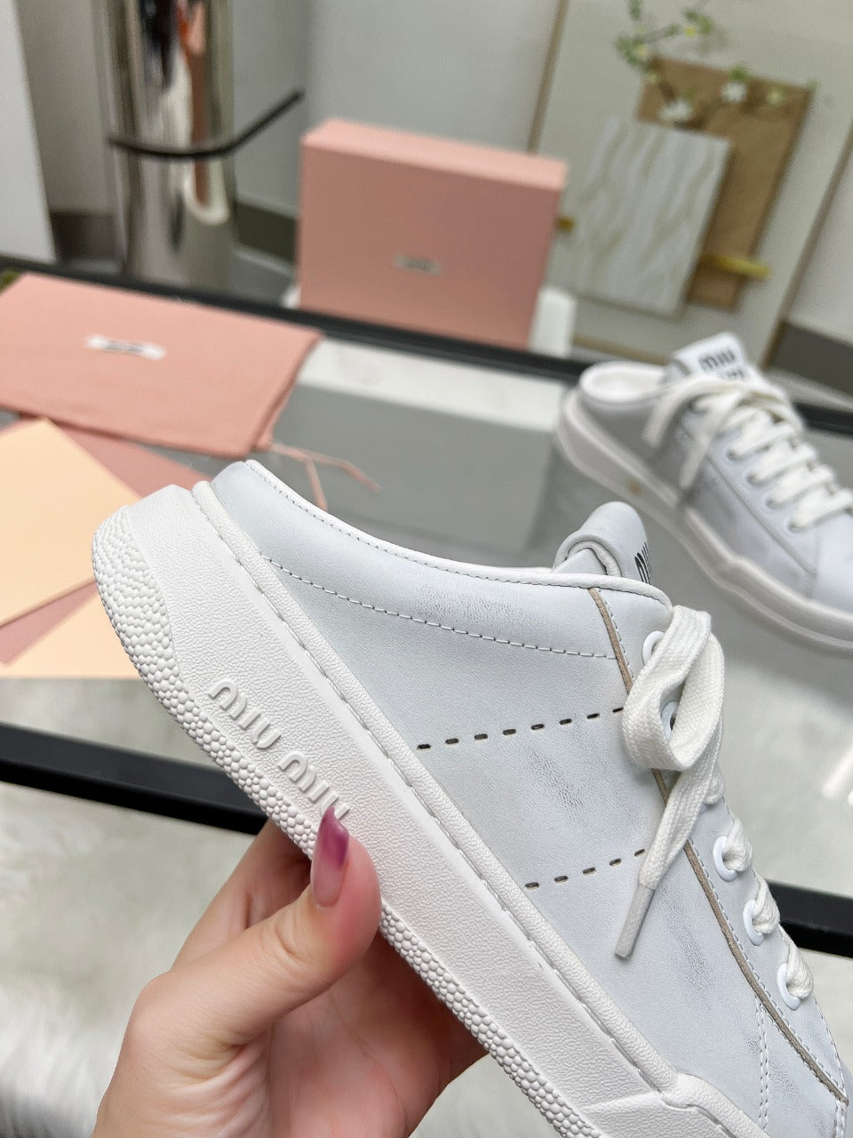 SNEAKER MULES IN WHITE BLEACHED CALFSKIN - 35