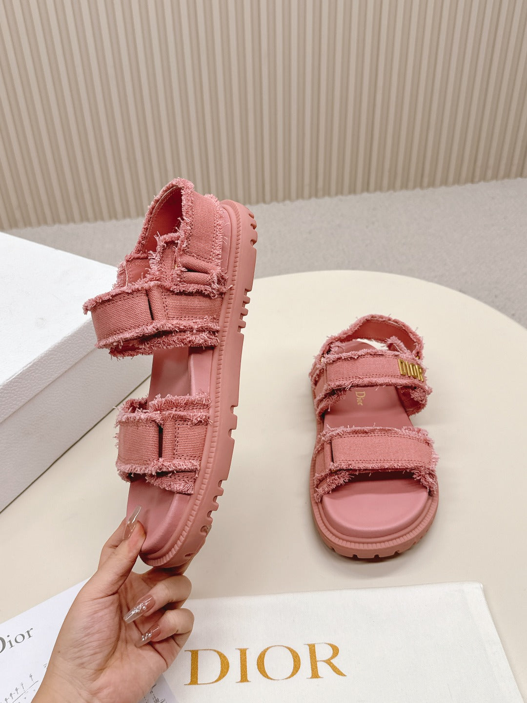 DIOR BACK-STRAP SANDALS 25S IN PEACHY PINK DENIM AND CALFSKIN WITH GOLD HARDWARE - 35