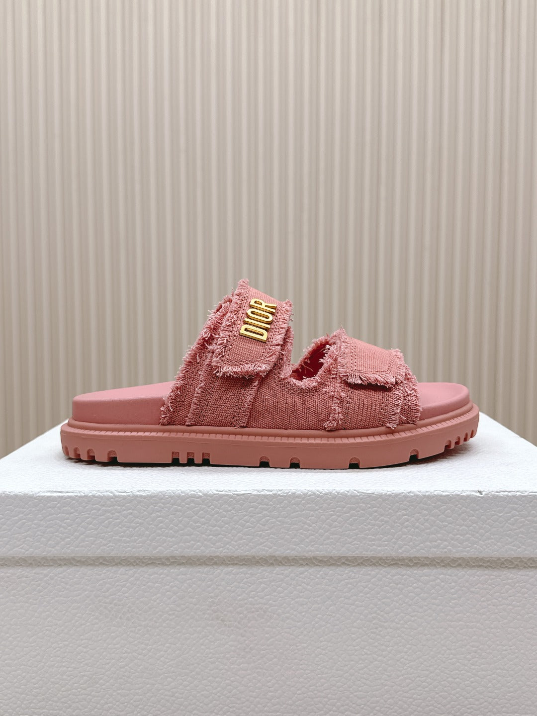 DIOR CLASSIC DOUBLE-STRAP SLIDES 25S IN PEACHY PINK DENIM AND CALFSKIN - 35