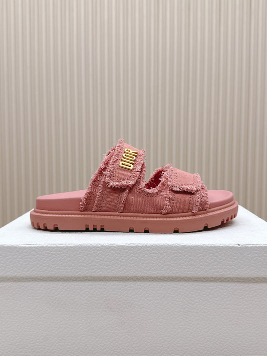 DIOR CLASSIC DOUBLE-STRAP SLIDES 25S IN PEACHY PINK DENIM AND CALFSKIN - 35