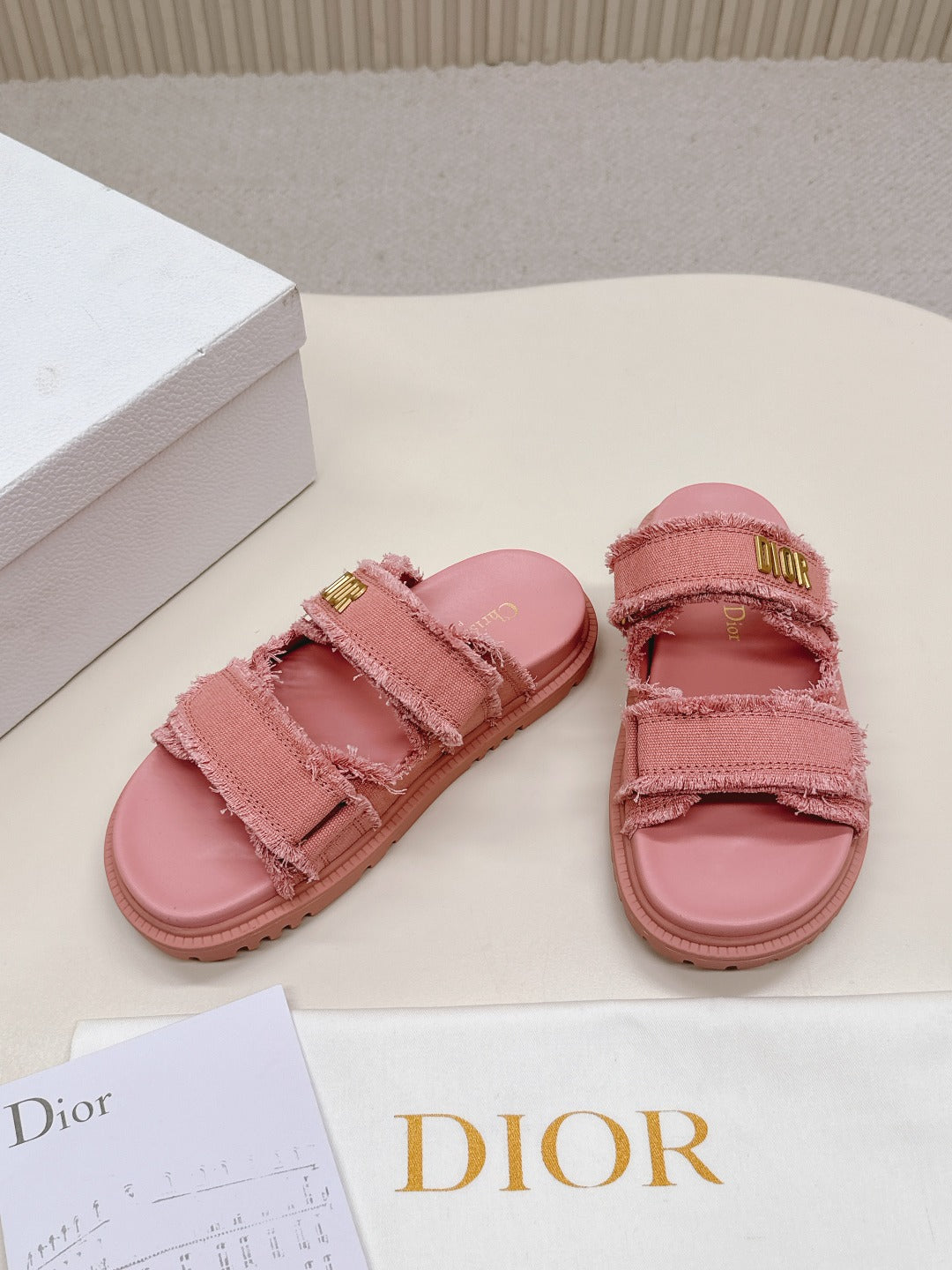 DIOR CLASSIC DOUBLE-STRAP SLIDES 25S IN PEACHY PINK DENIM AND CALFSKIN - 35
