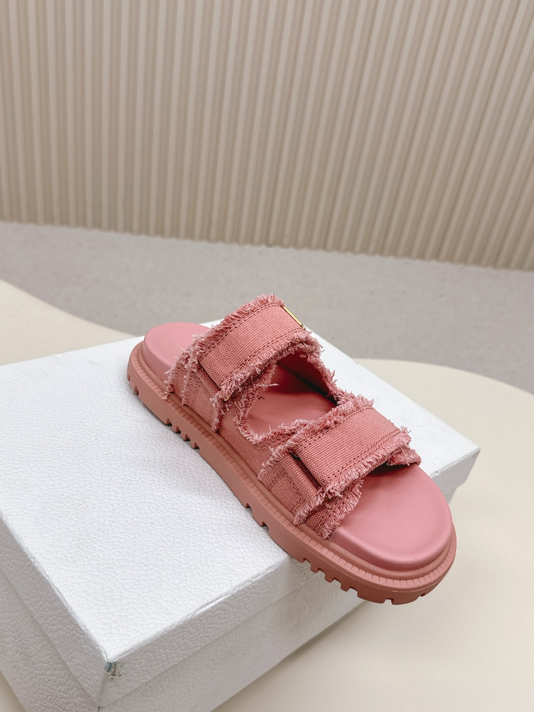 DIOR CLASSIC DOUBLE-STRAP SLIDES 25S IN PEACHY PINK DENIM AND CALFSKIN - 35