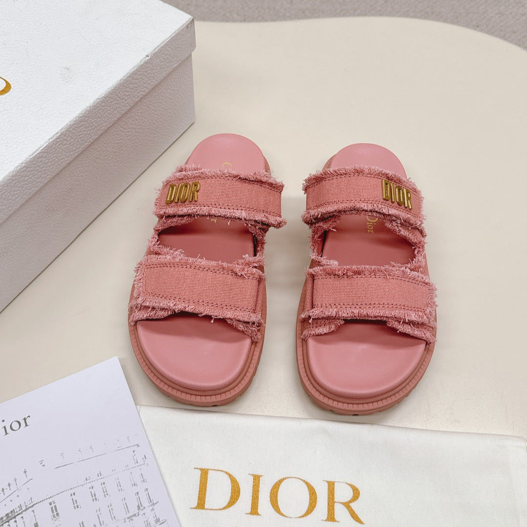 DIOR CLASSIC DOUBLE-STRAP SLIDES 25S IN PEACHY PINK DENIM AND CALFSKIN - 35