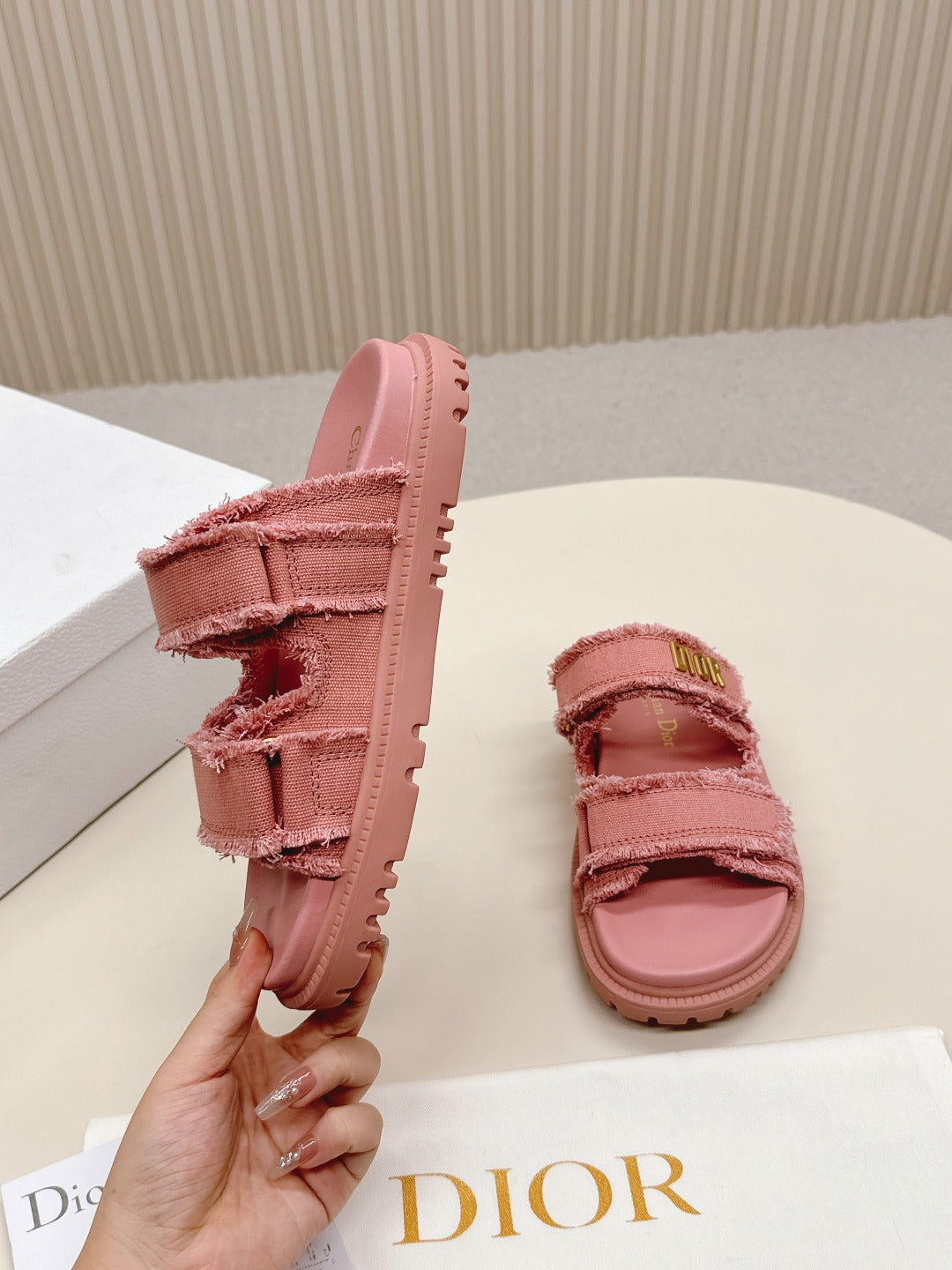 DIOR CLASSIC DOUBLE-STRAP SLIDES 25S IN PEACHY PINK DENIM AND CALFSKIN - 35