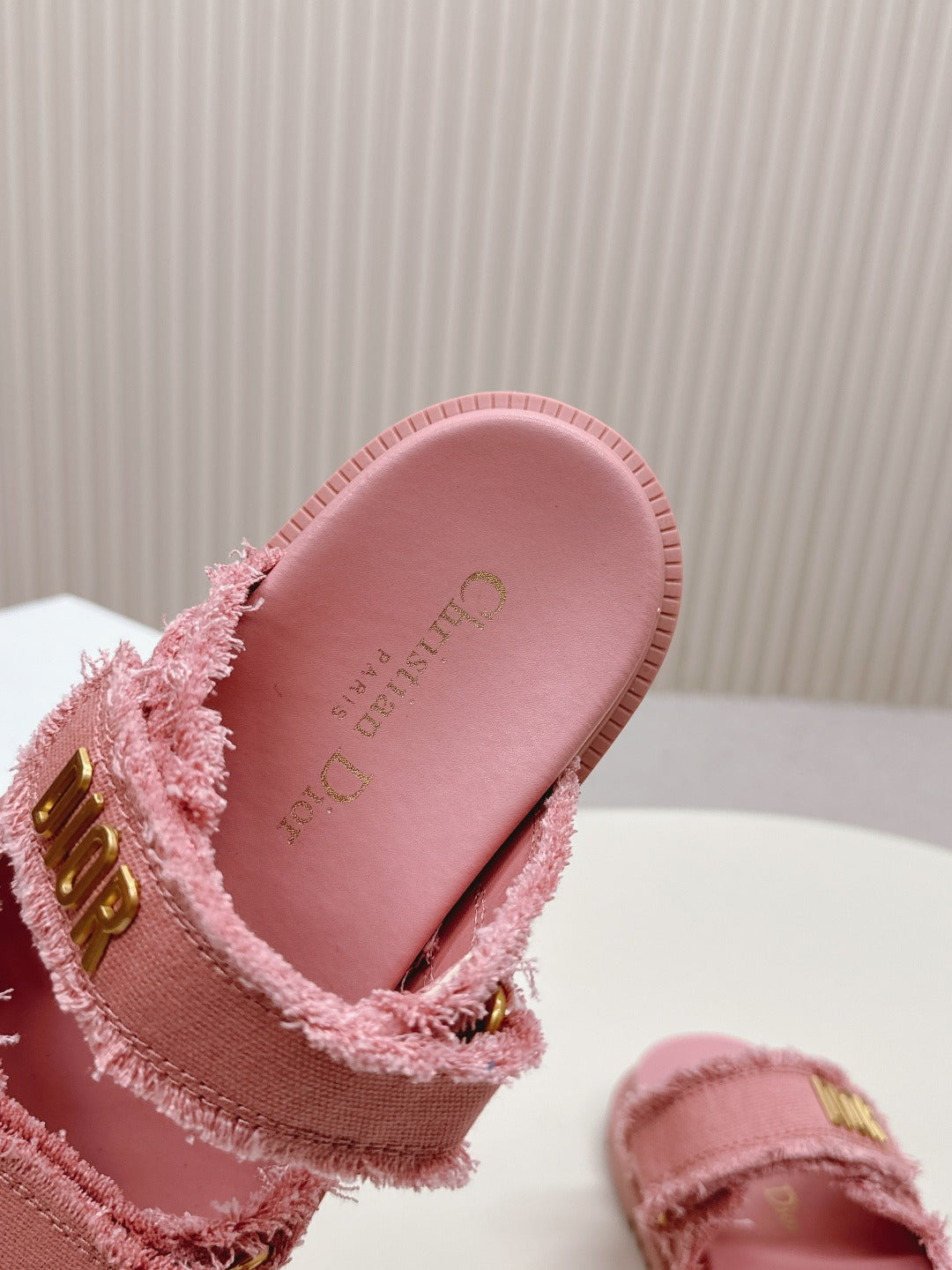 DIOR CLASSIC DOUBLE-STRAP SLIDES 25S IN PEACHY PINK DENIM AND CALFSKIN - 35