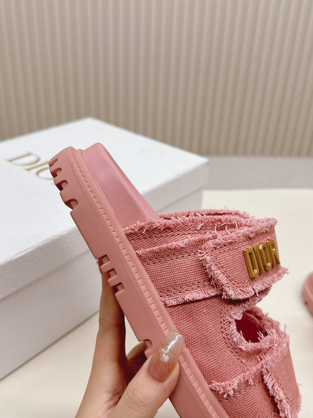 DIOR CLASSIC DOUBLE-STRAP SLIDES 25S IN PEACHY PINK DENIM AND CALFSKIN - 35