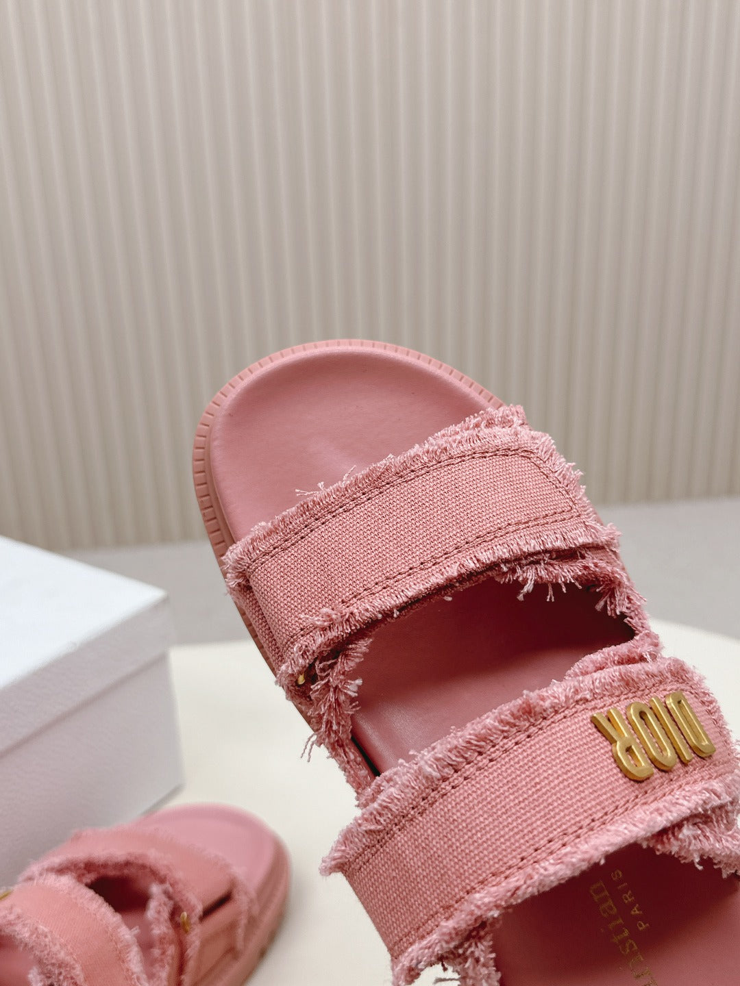 DIOR CLASSIC DOUBLE-STRAP SLIDES 25S IN PEACHY PINK DENIM AND CALFSKIN - 35