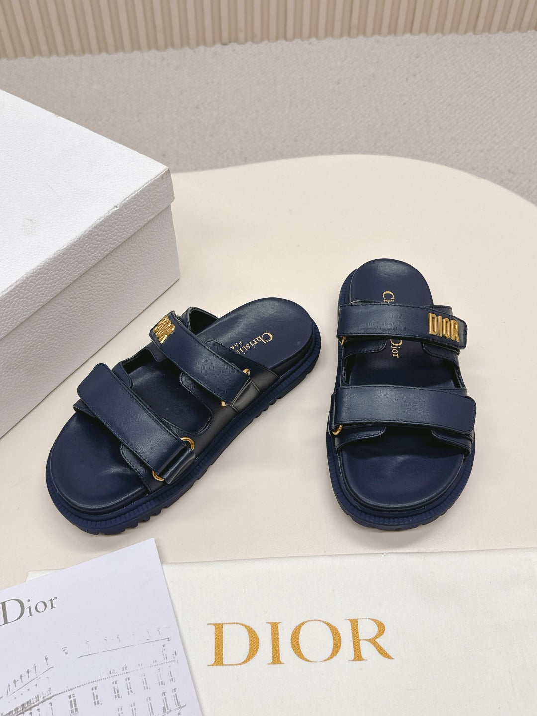 DIOR CLASSIC DOUBLE-STRAP SLIDES 25S IN MIDNIGHT BLUE CALFSKIN - 35