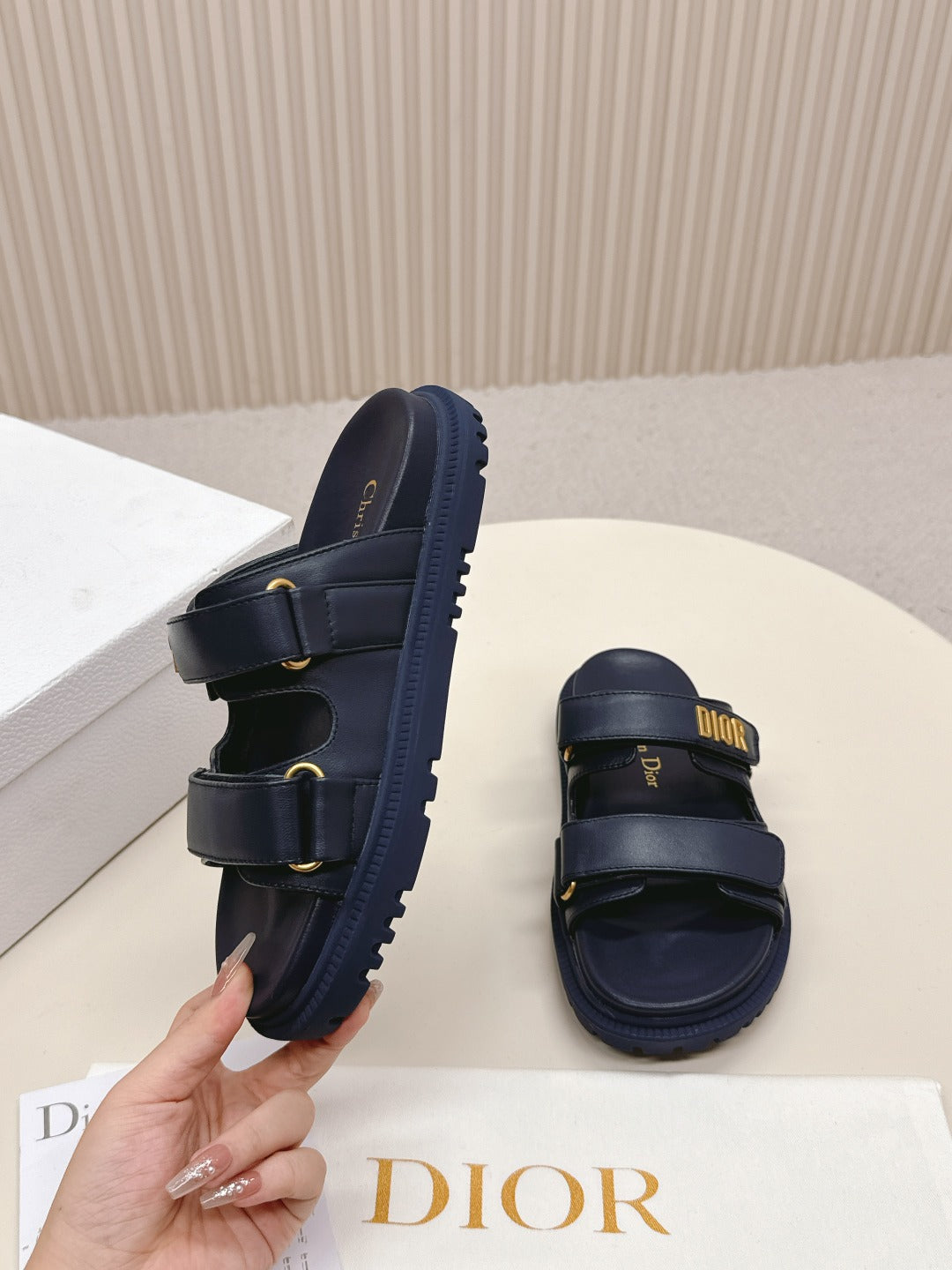 DIOR CLASSIC DOUBLE-STRAP SLIDES 25S IN MIDNIGHT BLUE CALFSKIN - 35