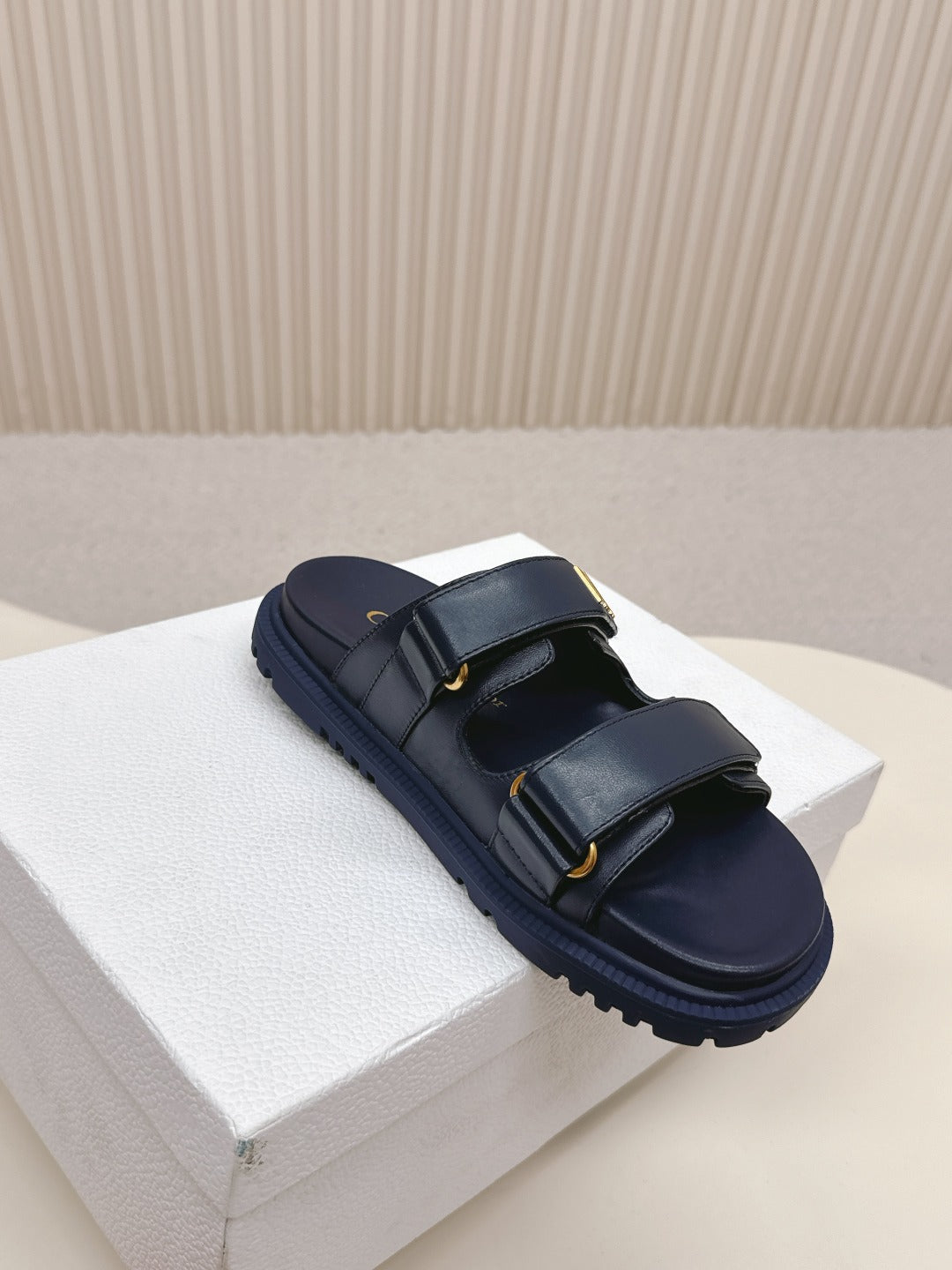 DIOR CLASSIC DOUBLE-STRAP SLIDES 25S IN MIDNIGHT BLUE CALFSKIN - 35