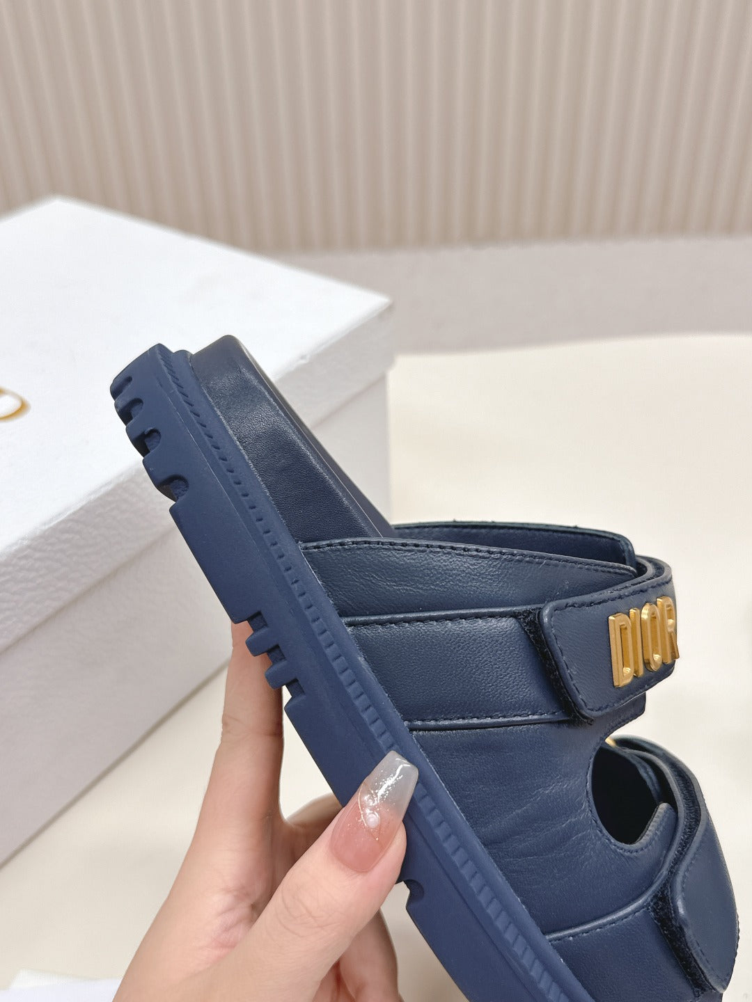 DIOR CLASSIC DOUBLE-STRAP SLIDES 25S IN MIDNIGHT BLUE CALFSKIN - 35