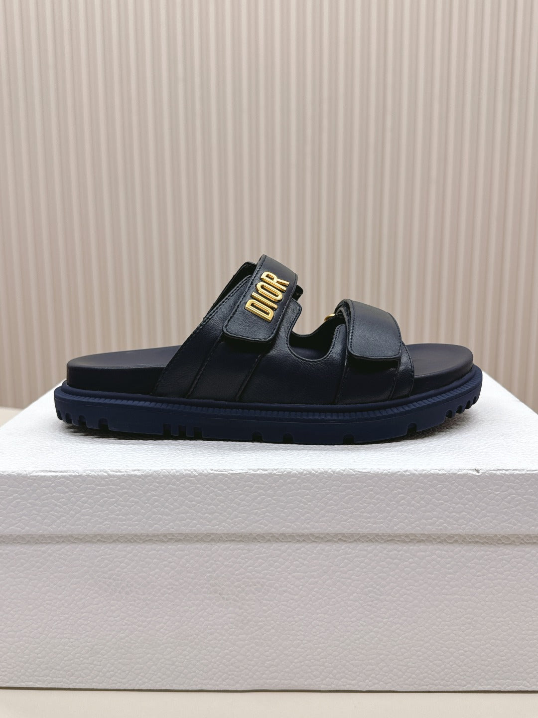 DIOR CLASSIC DOUBLE-STRAP SLIDES 25S IN MIDNIGHT BLUE CALFSKIN - 35