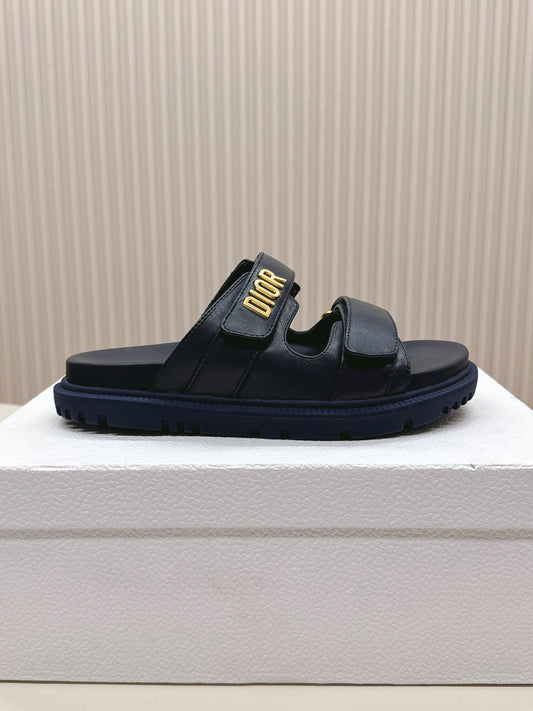 DIOR CLASSIC DOUBLE-STRAP SLIDES 25S IN MIDNIGHT BLUE CALFSKIN - 35